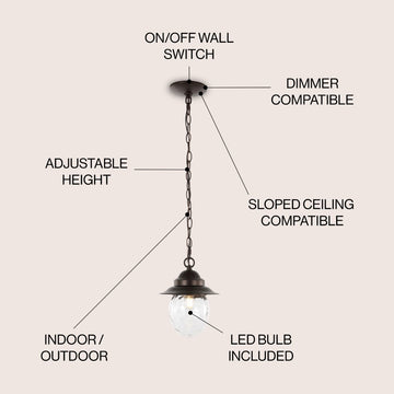 Manteo 8.25" Farmhouse Industrial Iron/Glass Outdoor LED Pendant - JONATHAN Y